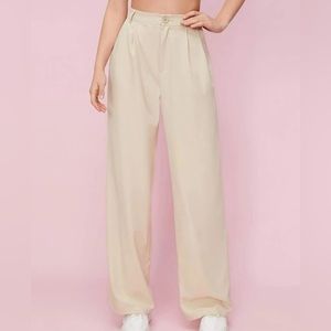 High Waist Wide Leg Pleated Pants - Cream
